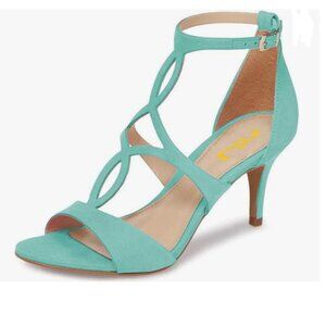 FSJ Turquoise Strappy Ankle Strap Mid Heel Caged Cutout Sandals Casual Shoes